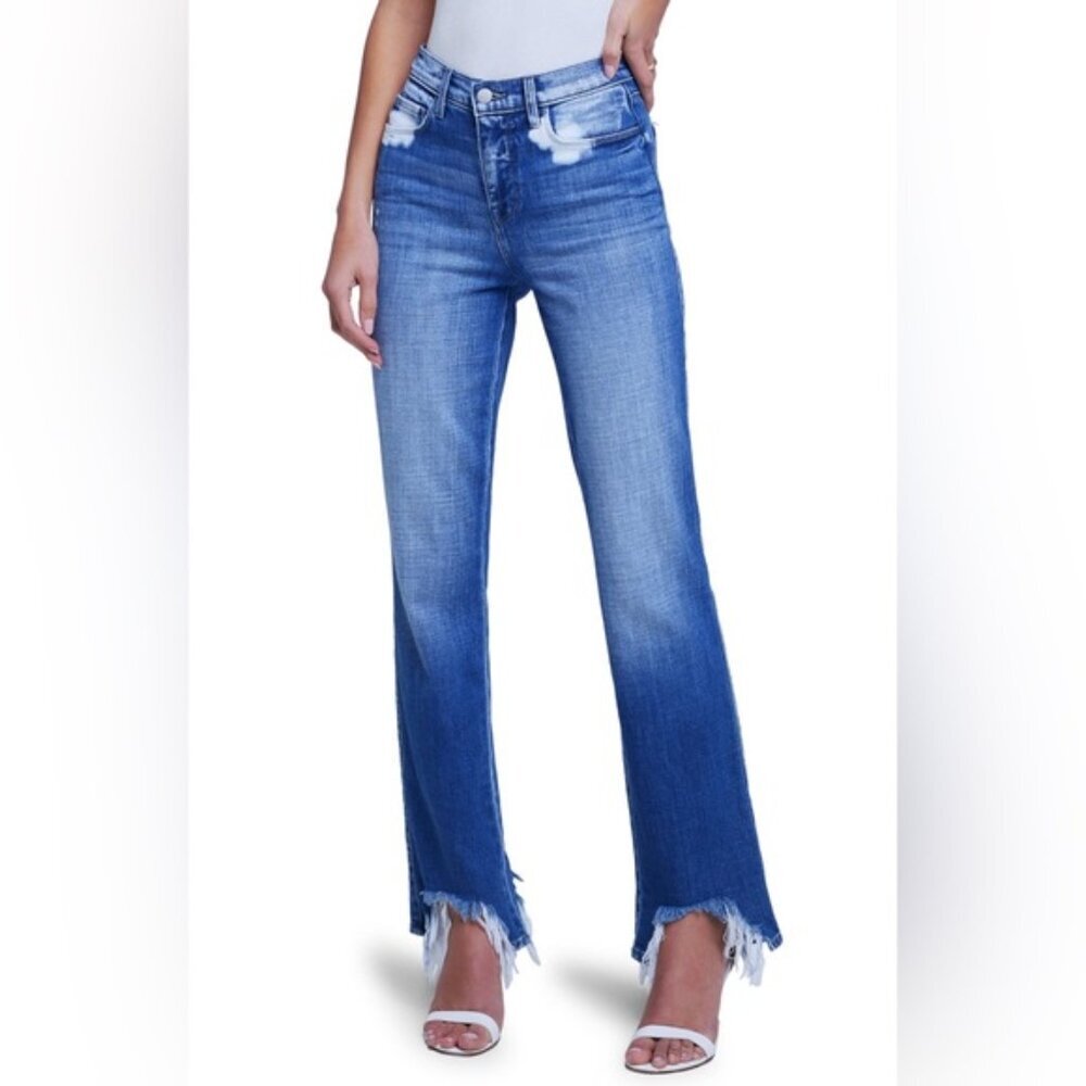 NWT L’AGENCE HARMON Bleach Detail Bitten Hem High Rise Slim Straight Jeans 26‎